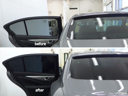 ニッサン スカイラインセダン リアガラス5面 Uv 断熱プレミアムスモーク透過率7 創業年以上 カーフィルム 専門店アペックス 宇都宮 鹿沼 小山 下野 佐野 栃木